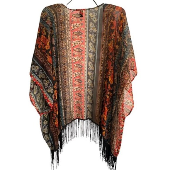 Forever 21 Boho Fringe Kimono Duster Festival Concert Artsy Hippie Open Shawl L - Picture 2 of 12